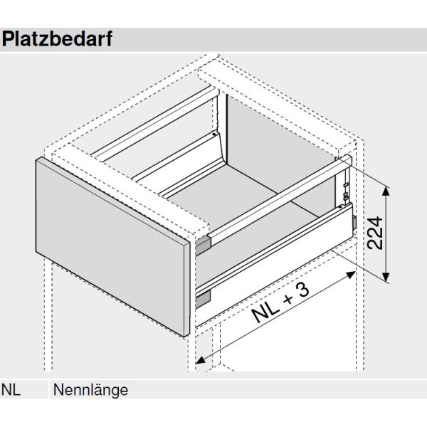 Schubkasten-Bausatz, Tandembox Antaro, Systemhöhe D 224mm mit Reling, mit Korpusschiene 30/65 kg Blumotion